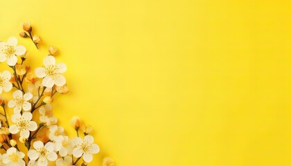 Generative AI illustration of many small beautiful yellow flower blossoms on yellow pastel background with copy space