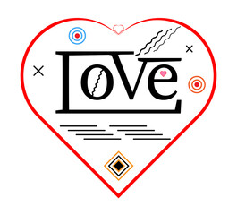 Red Heart + Love: Stylized design with red hearts and flat design symbols. [Creative Heart Design with abstract forms]