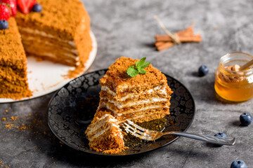 Honey cake. Homemade baking concept