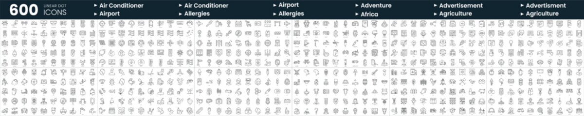 Set of 600 thin line icons. In this bundle include adventure, africa, air conditioner, allergies and more