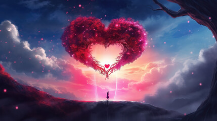 an epic love and peace artwork of a person standing in front of a big heart, ai generated image