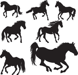 set of horse silhouettes, wild horse silhouette vector illustration set