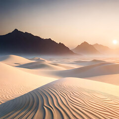 Beautiful dessert landscape with sandy terrains and Rocky Mountains in the distance. Generative Ai.