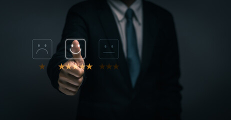 Businessman thumbs up with smiley face and star icon Show feedback on satisfaction assessment or experience gained from business and positive feedback, concept of satisfaction and customer service