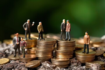 Generative AI illustration of miniature figures people stand on coins. Elderly people and their savings, pension
