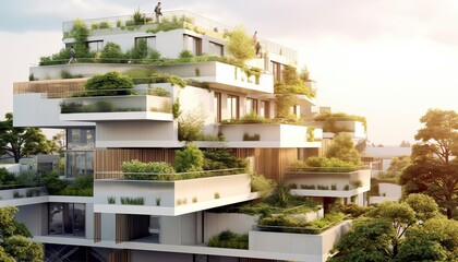 Generative AI illustration of modern residential district with green roof and balcony