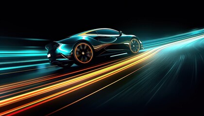 Obraz na płótnie Canvas Generative AI illustration of a modern sports car racing through a dark curve