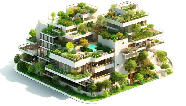 Generative AI illustration of modern residential district with green roof and balcony