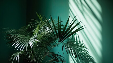 Palm leaves in sunlight on green wall background, interior design or mockup idea. AI generated