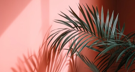 Fototapeta na wymiar Palm branch on coral color background, idea for banner or background. AI generated, high quality illustration