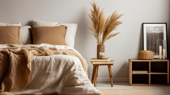 Boho style bedroom interior design with wooden bed, beige fringed duvet, mockup idea, AI generated