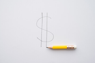 Pencil write us dollar sign symbol on white background in minimal style. Business, financial...