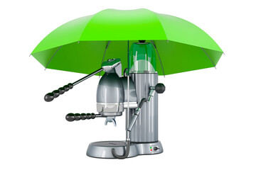 Manual coffeemaker retro design under umbrella, 3D rendering