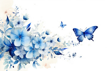 Blue Tone Watercolor Illustration of Butterfly with Floral. Generative AI.