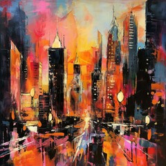 Fototapeta na wymiar Vibrant cityscape at dawn, capturing energy and chaos of urban landscape with expressive brushstrokes, dynamic shapes, warm lighting.
