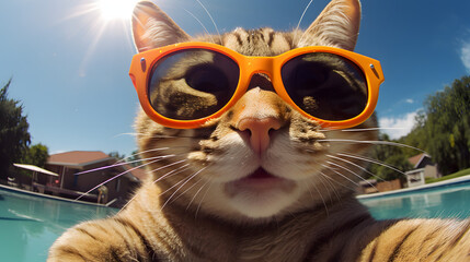 Cool Cat with Sunglasses chilling in front of pool