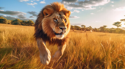 Fototapeta na wymiar Lion in Full Sprint across the African Savannah, Roar of the Wilderness