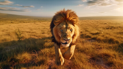 Fototapeta na wymiar Lion in Full Sprint across the African Savannah, Roar of the Wilderness