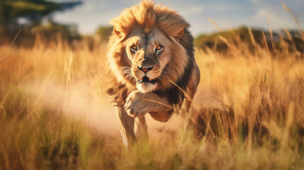 Naklejka na ściany i meble Lion in Full Sprint across the African Savannah, Roar of the Wilderness