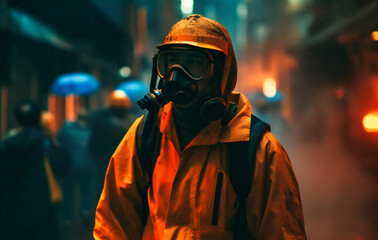 a man is wearing his safety gear in front of dark smoke