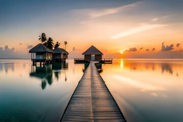 Maldives with small cottages on river