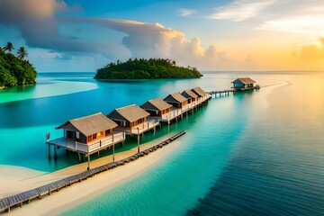 Maldives with small cottages on river