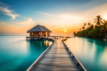 Maldives with small cottages on river