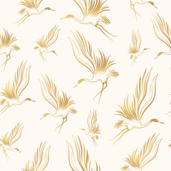 Golden crane birds seamless pattern.  Vector background with oriental motives. Japanese art for  textile, texture and wrapping paper.