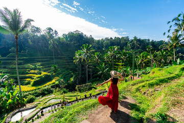 Young female tourist in red dress looking at the beautiful tegalalang rice terrace in Bali,...