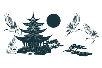 Temple, crane and bonsai tree under the sun. Japanese art for t-shirt, tattoo, print and stickers. Hand drawn vector illustration isolated on white background.