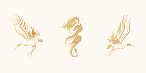 Crane and dragon. Three golden Japanese hand drawn vector illustrations isolated on white for greeting cards and posters.