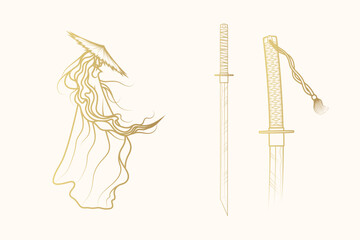 Obraz premium Golden samurai and katana. Japanese design elements for t-shirt, print and stickers. Hand drawn vector illustration isolated on white background.