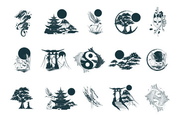 Japanese art collection. Set of 15 design elements for t-shirt, tattoo, print and stickers. Hand drawn vector illustrations isolated on white background