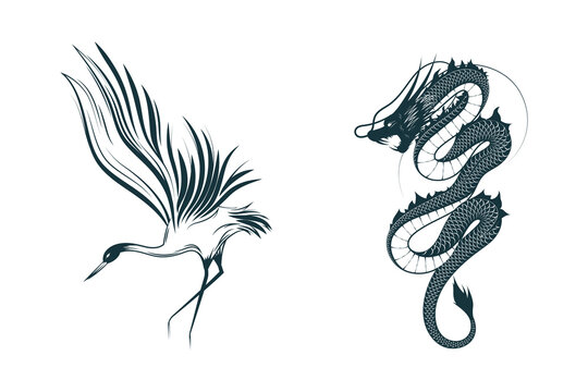 Crane and dragon. Two japanese hand drawn vector illustrations isolated on white for greeting card, tattoo and poster.
