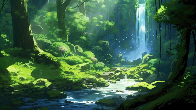 a calm and relax illustration of a forest in the middle of nowhere, anime illustration, ai generated image