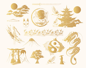 Whispers of rising sun: Japanese art collection. Golden hand drawn set of design elements for t-shirt, print and stickers. Vector illustrations isolated on white background.
