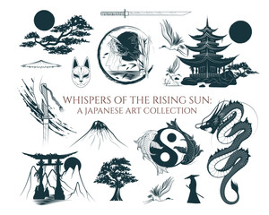 Whispers of rising sun: Japanese art collection. Hand drawn set of design elements for t-shirt, tattoo, print and stickers.Vector illustrations isolated on white background.