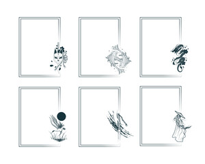 Japanese art collection. Set of six rectangular frames with kitsune mask, dragon, koi fish, crane, samurai and katana. Vector isolated borders for greeting cards and invitations.