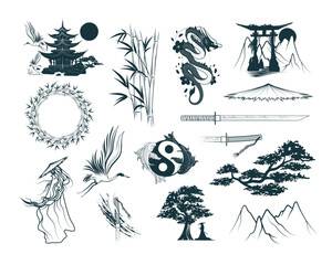Japanese art collection. Hand drawn set of design elements for t-shirt, tattoo, print and stickers. Vector illustrations isolated on white background.
