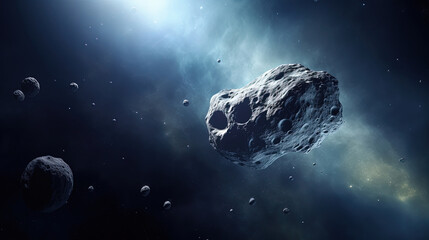 Naklejka na ściany i meble Desolate depths of space. Asteroid floating in the void