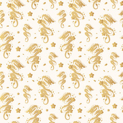 Golden  mythology dragon with flowers and brushstroke seamless pattern.  Vector background with oriental motives. Japanese art for textile, texture and wrapping paper.