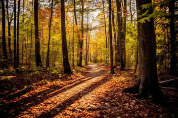 Fototapeta na wymiar Tranquil Forest Walkway in Fall's Splendor. Generative AI