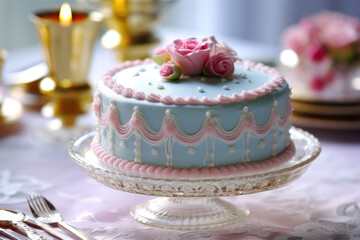 Tastefully Decorated Cake Featuring Soft Blue and Pink Frosting. Generative AI