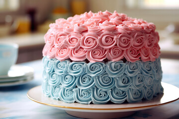 Obraz na płótnie Canvas Deliciously Appealing Cake with Baby Blue and Pink Icing. Generative AI