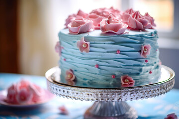 Cake Decor with Charming Baby Blue and Pink Frosting. Generative AI