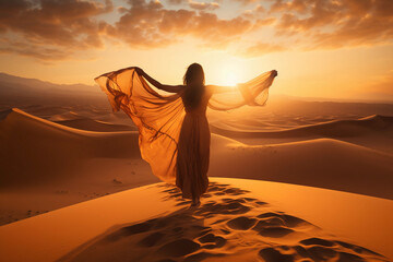 Woman walking free and happy in the desert sand dunes at sunset - Concept of freedom, travel, wellness, meditation and happiness