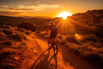 Fototapeta na wymiar Exhilarating evening ride with a woman on her mountain bike. Generative AI