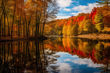 Mirror of Fall: A Serene Lake Captures Nature's Palette. Generative AI