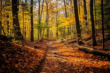 Breathtaking Fall Colors along a Scenic Forest Path. Generative AI