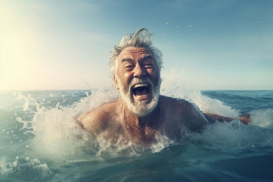 Illustration of a Senior man swimming in the sea with splashes of water on his face, Elderly pensioner enjoying summer vacation. ai generative